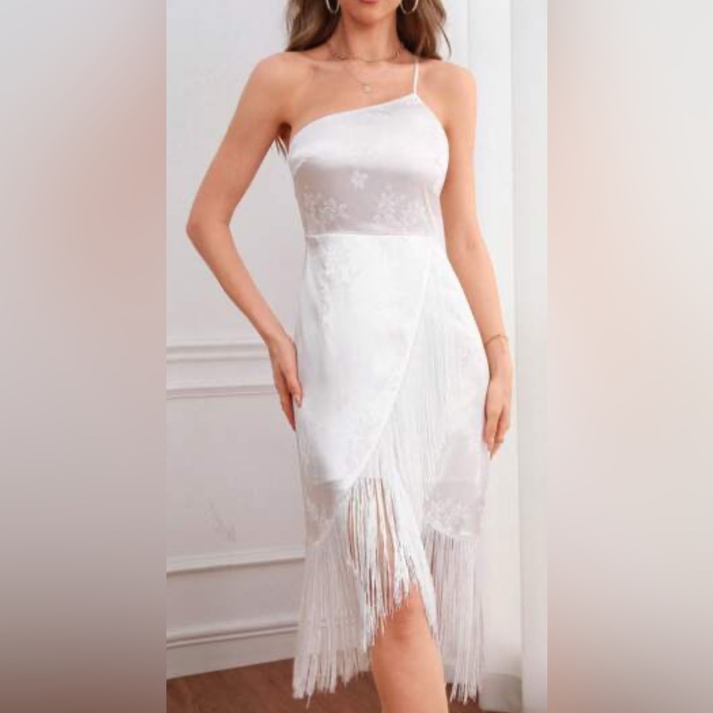 NWT Lulu’s Love on Top Satin Floral One Shoulder Fringe Dress in White